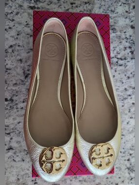 Tory Burch Metallic Gold Tumbled Leather Claire Ballet Flats